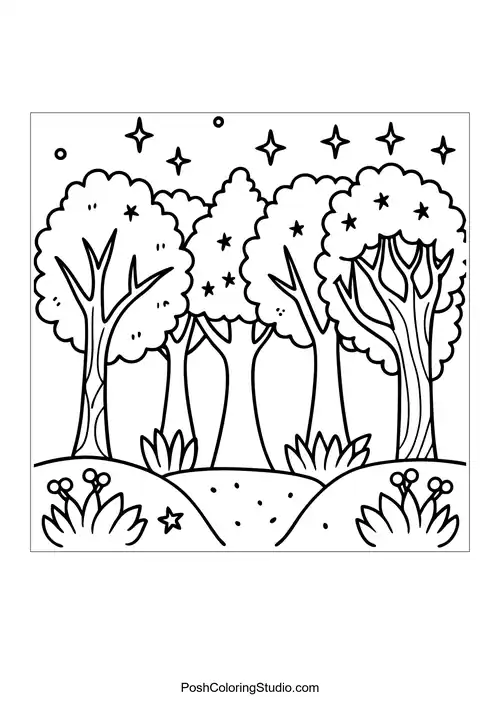 A magical forest scene with trees and stars.