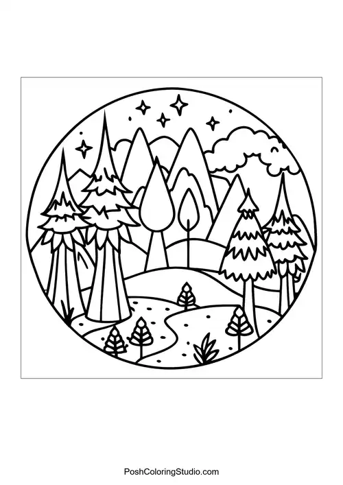 A forest landscape featuring mountains, trees, and a winding path.