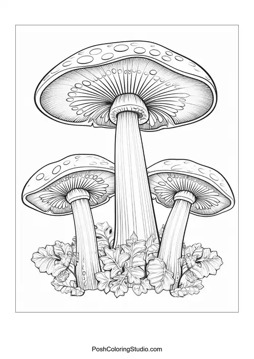 Mushrooms with decorative patterns and surrounding plants.