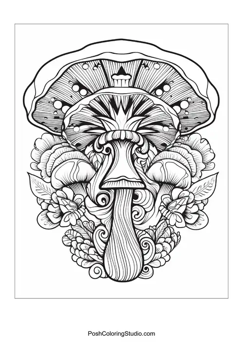 Mushroom with a unique cap shape and surrounding leaves.