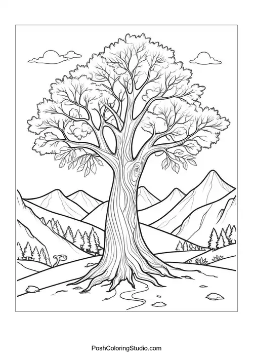 A large tree with a detailed trunk and mountains in the background.