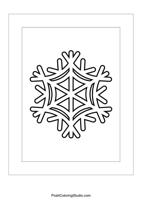 A snowflake with a geometric pattern and rounded tips on its branches.