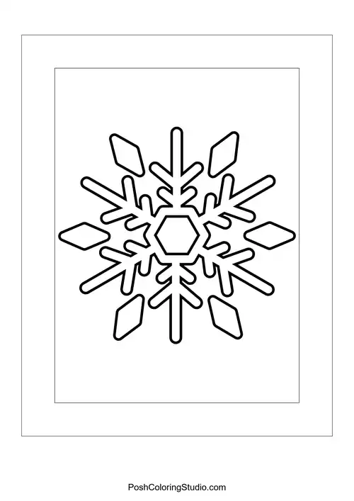 A snowflake with a hexagonal shape and diamond-like branch tips.