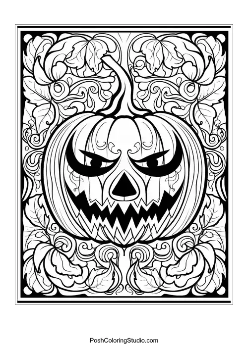 A fierce pumpkin with a jagged grin and ornate border designs.