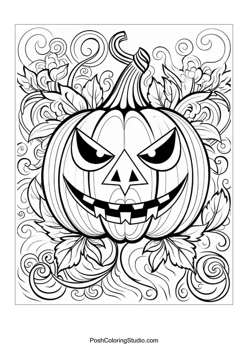 An intricate drawing of a scary pumpkin surrounded by decorative swirling patterns.