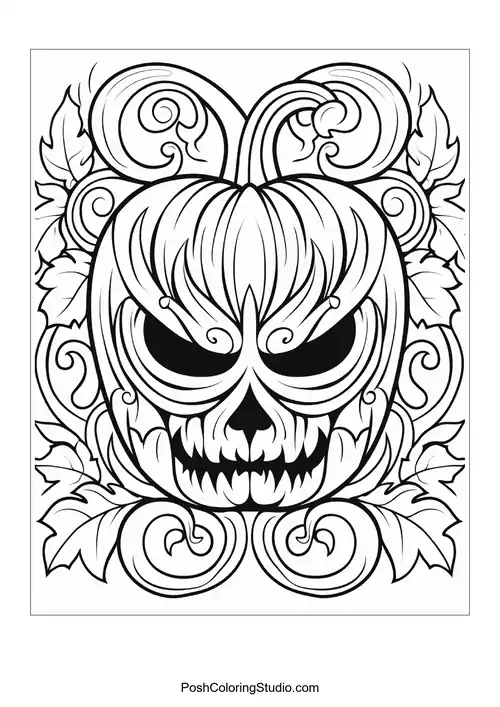 A spooky pumpkin with a sinister grin and swirling decorations.