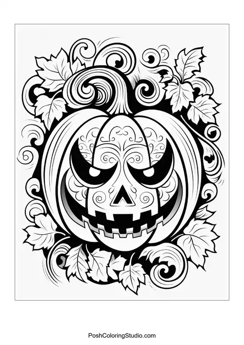 A decorative pumpkin with a whimsical face and floral accents.