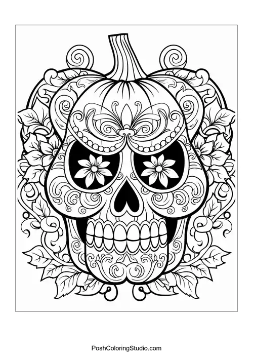 An intricate sugar skull is merged into the shape of a large decorative pumpkin.