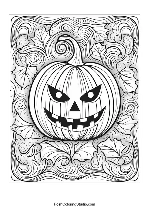 A cheerful pumpkin with a wide smile and floral embellishments.