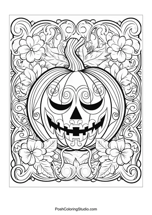 A classic pumpkin with a mischievous grin and ornate details.