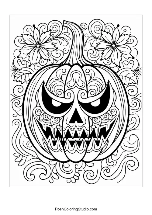 This detailed coloring sheet features an ornate and spooky Halloween pumpkin.