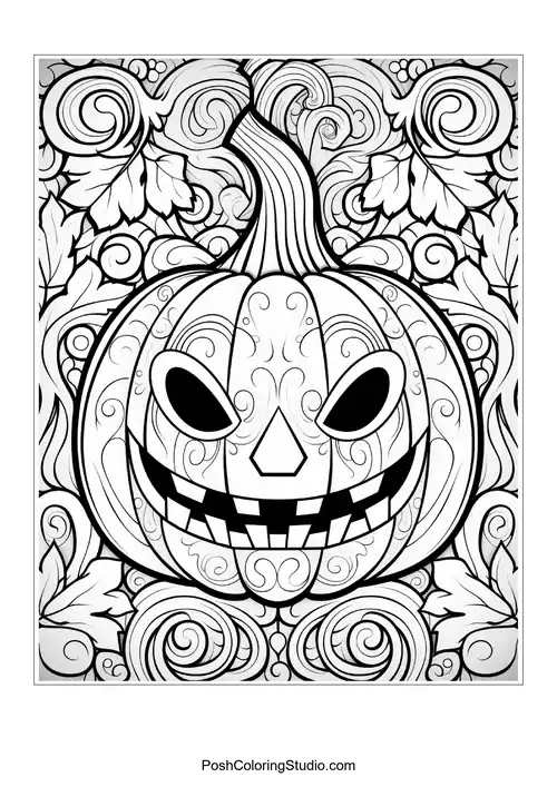 A grinning pumpkin with swirling patterns and a jagged smile.