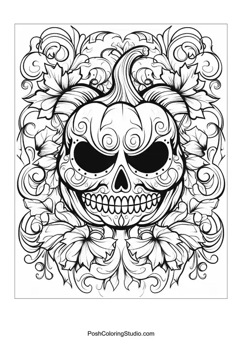 A pumpkin with a skull face framed by large leaves.