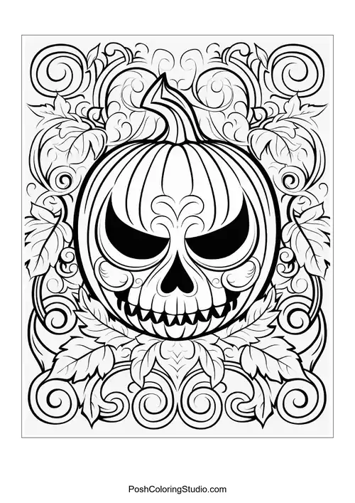A spooky pumpkin with a skull face is surrounded by intricate scrollwork and leaves.