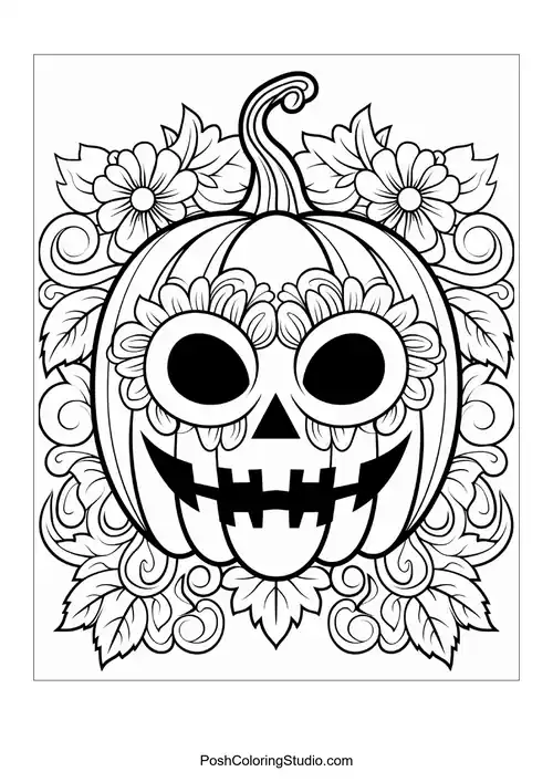 A pumpkin with sugar skull decorations is framed by intricate flowers and leaves.