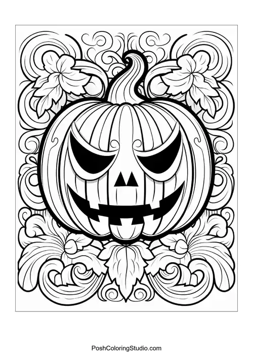 Carved pumpkin face framed by decorative swirls, vines, and autumn leaves.
