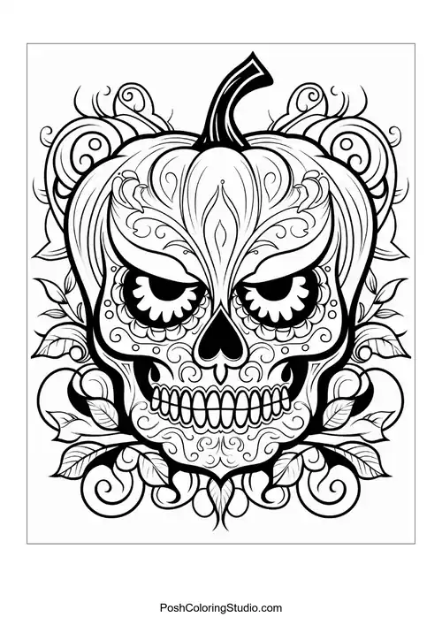 This illustration shows a pumpkin skull with intricate patterns and floral designs.