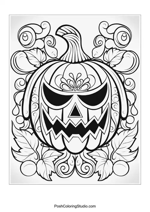A pumpkin with a skull face and intricate leaf patterns.