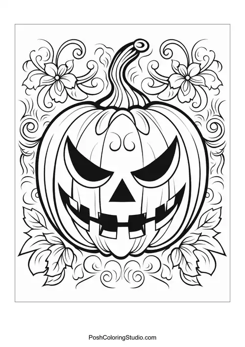 Sinister jack-o'-lantern surrounded by floral curls, leafy shapes, and ornate borders.
