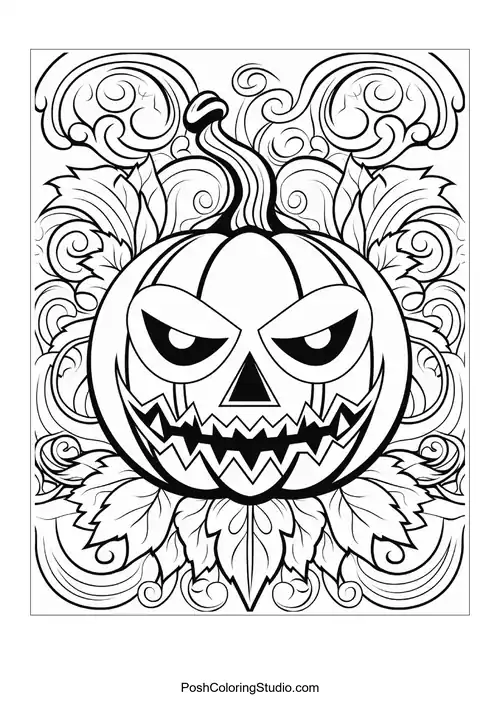 A pumpkin with sharp teeth and swirling decorative elements.