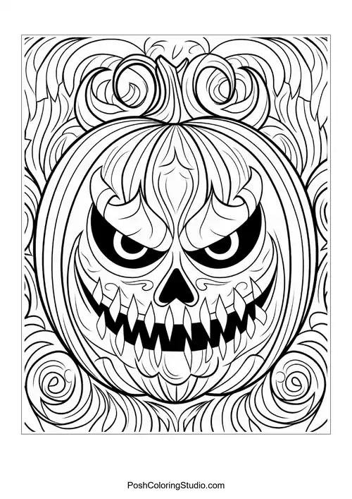 A menacing jack-o'-lantern with sharp teeth and decorative swirls.