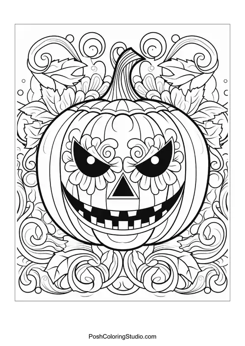 A pumpkin with a mischievous smile and intricate patterns.