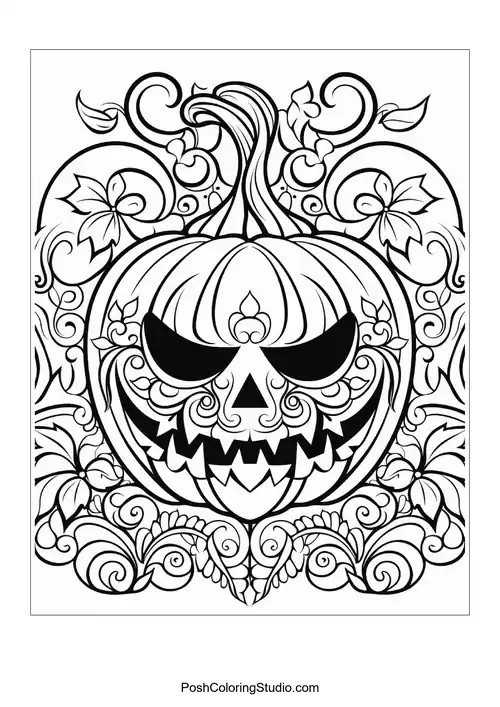 A menacing pumpkin with sharp teeth and swirling floral patterns.