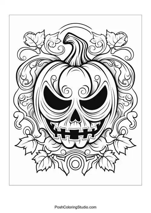 A spooky pumpkin with a skull face is framed by ornate scrolls and decorative leaves.