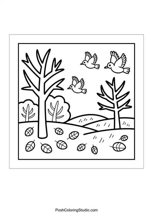 Birds flying above bare trees and rolling hills.