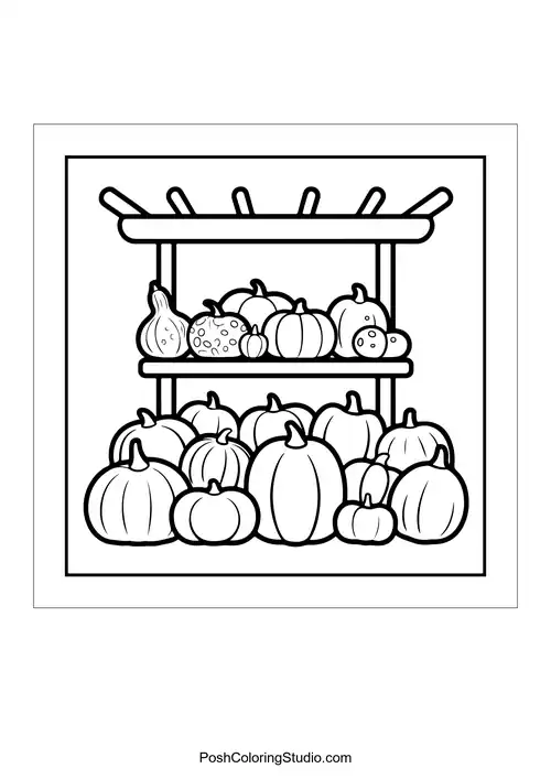 A display of pumpkins on a wooden shelf.