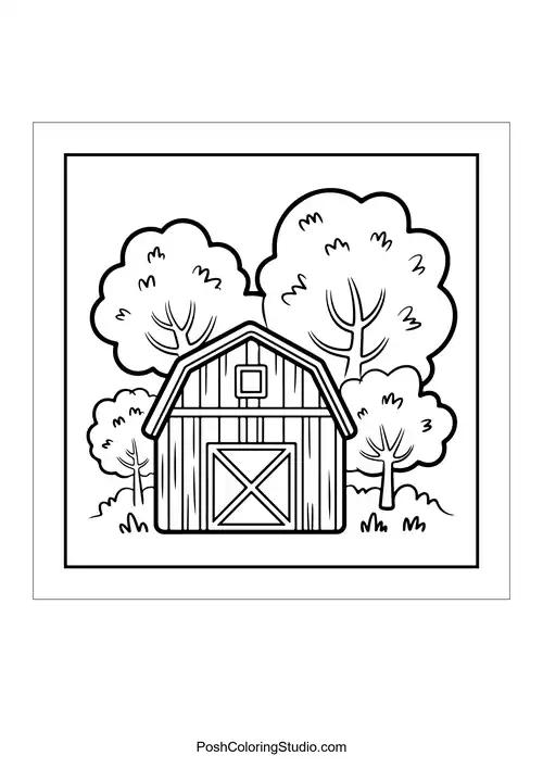 A rustic barn surrounded by trees and foliage.