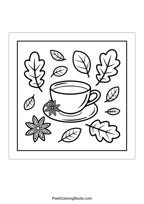A teacup surrounded by leaves and flowers.