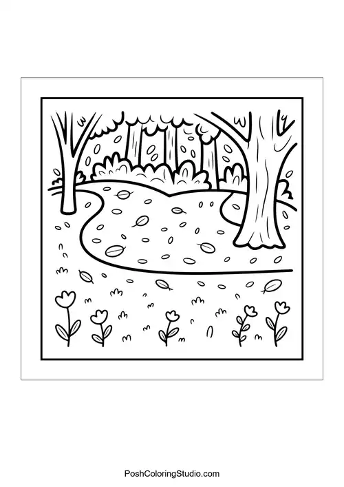 A winding path through a forest with flowers.