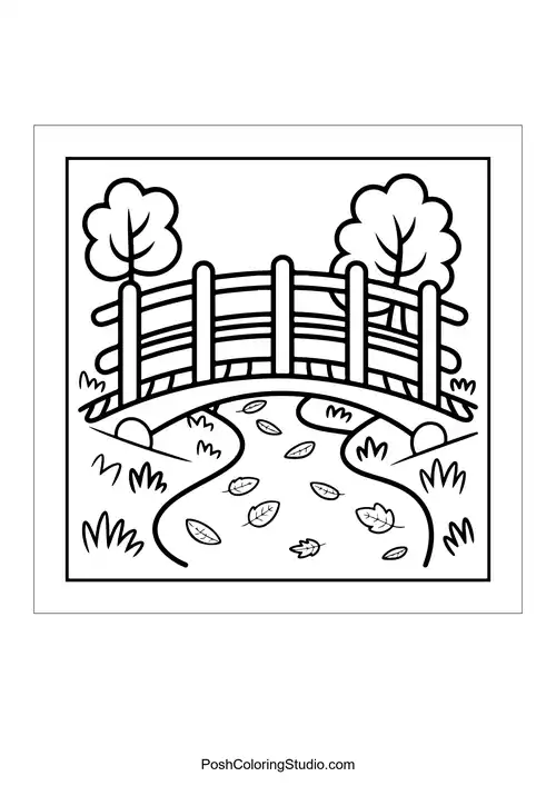 A wooden bridge over a winding stream with trees.