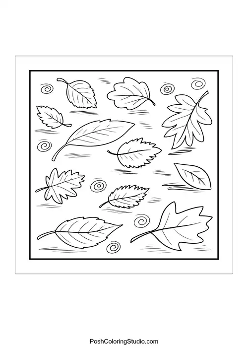 Various leaves scattered with swirling patterns.