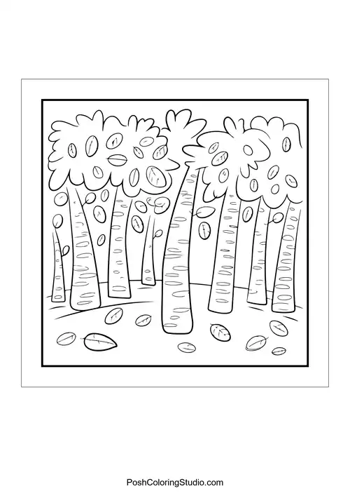 Tall trees with rounded tops and falling leaves.