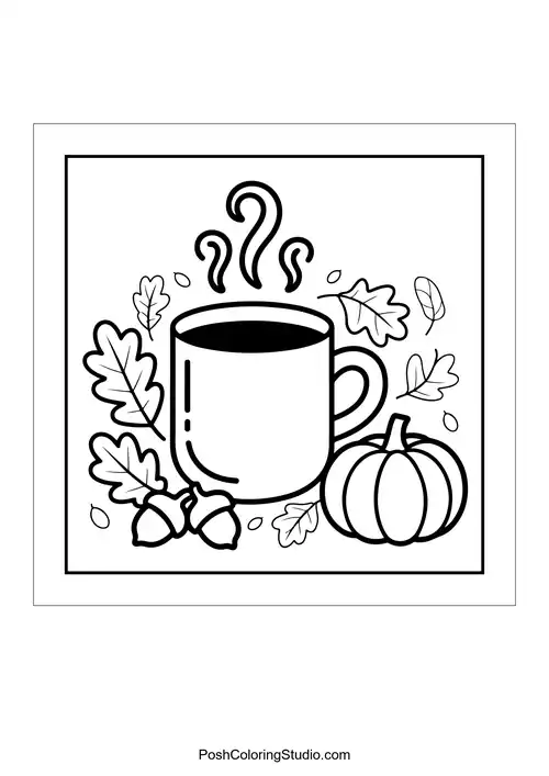 A steaming cup next to a pumpkin and leaves.