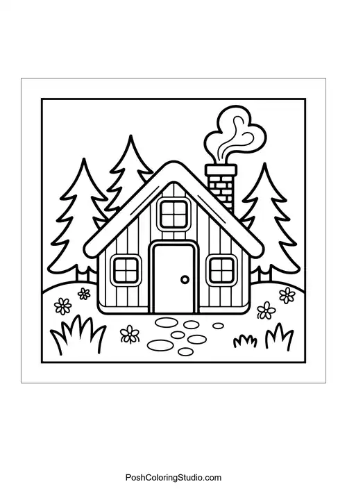 A cozy cabin surrounded by tall pine trees and flowers.