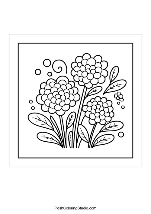 Three round flowers with swirling stems and leaves.