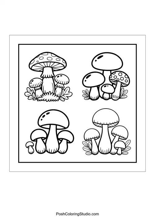 Various mushrooms in different sizes and shapes.
