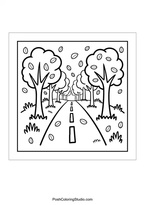 A tree-lined road with falling leaves on both sides.