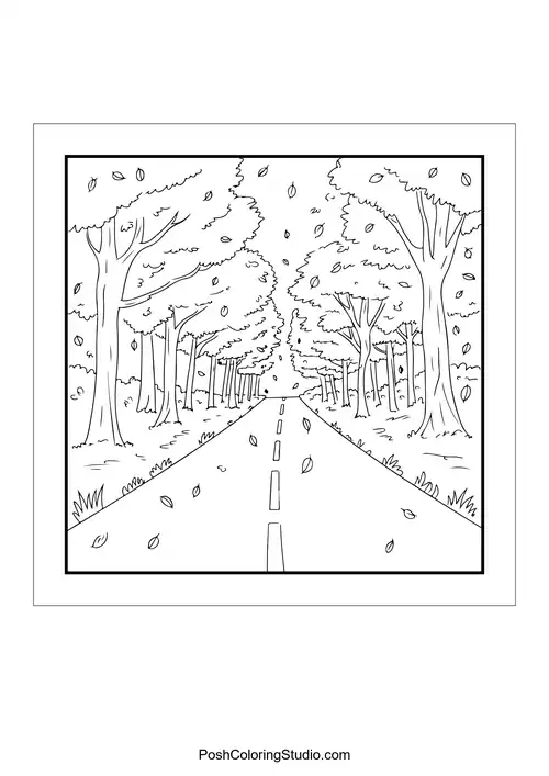 A straight road bordered by tall trees and falling leaves.