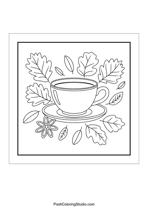A teacup surrounded by autumn leaves and flowers.
