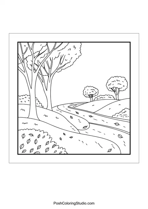 A winding path through rolling hills and trees.