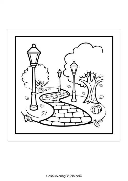 A winding brick path with street lamps and a pumpkin.