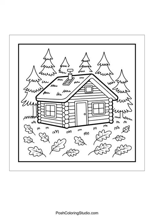 A log cabin nestled among trees and fallen leaves.