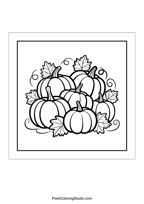 A group of pumpkins with swirling leaves around them.