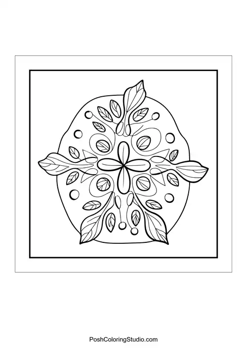 A decorative circular design with leaves and patterns.