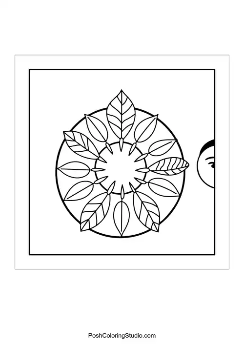 A circular pattern with leaves and a central flower.