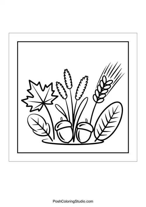 A collection of acorns, leaves, and wheat.